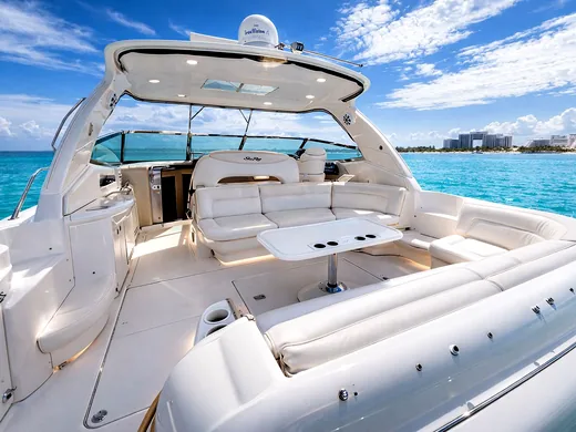Spacious seating area aboard a luxury yacht in Cancun