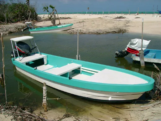 Shallow-water flats fishing boat at Isla Blanca